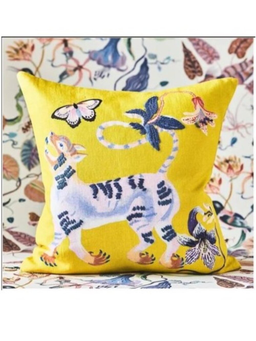 Anthropologie - Sarah Gordon Embroidered Pillow in Yellow-Floral Lion - NTW